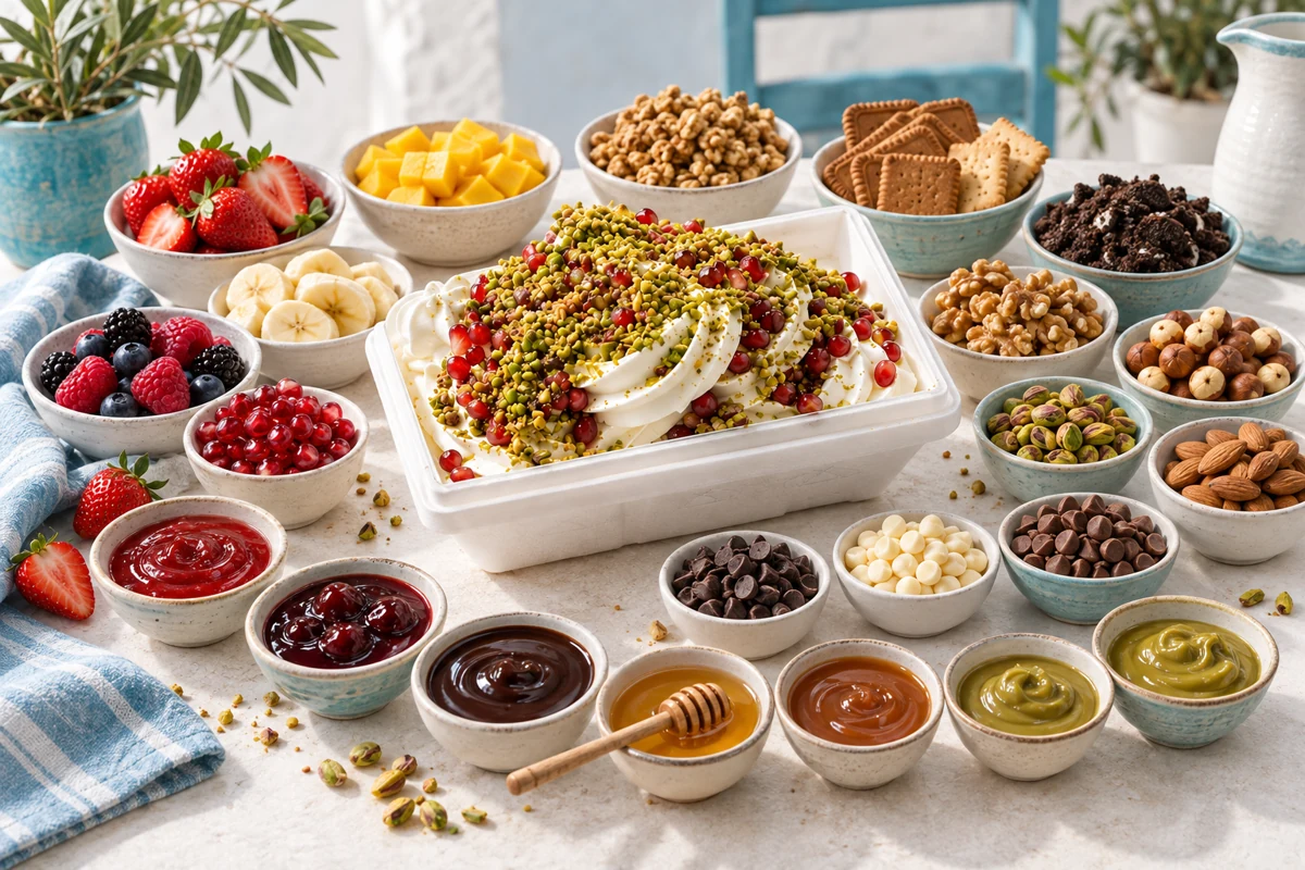 Μεγάλη σύνθεση frozen yogurt με φρούτα, ξηρούς καρπούς, μπισκότα και σος